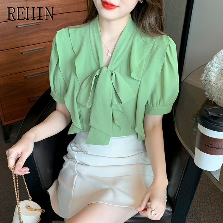 rehin-เสื้อเชิ๊ตผู้หญิงผ้าชีฟองคอลอยมีระบาย-เสื้อเชิ๊ตสไตล์เกาหลีแบบใหม่เสื้อเชิ๊ตผู้หญิงเสื้อผู้หญิงแขนสั้นฤดูร้อน