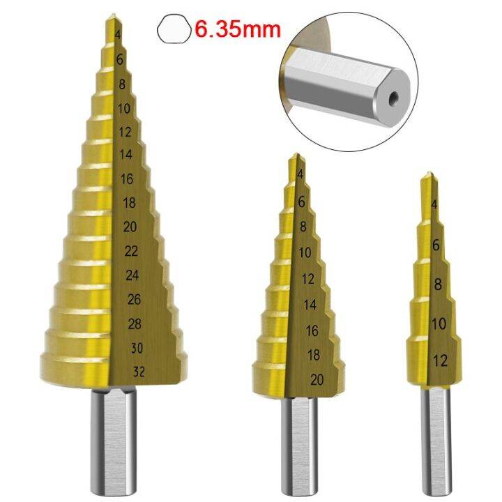 hss-step-drill-titanium-coating-4-12mm-4-22mm-4-32mm-taper-hole-cutter-1-4-hex-handle-triangle-handle-bit-for-metal-wood-drills-drivers