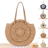 ZZOOI Round Straw Beach Bag Vintage Handmade Woven Shoulder Bag Raffia Circle Rattan Bags Bohemian Summer Vacation Casual Bags