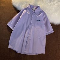 ✹ Retro casual solid color shirt womens design niche Japanese style loose college workwear short-sleeved shirt top summer wear