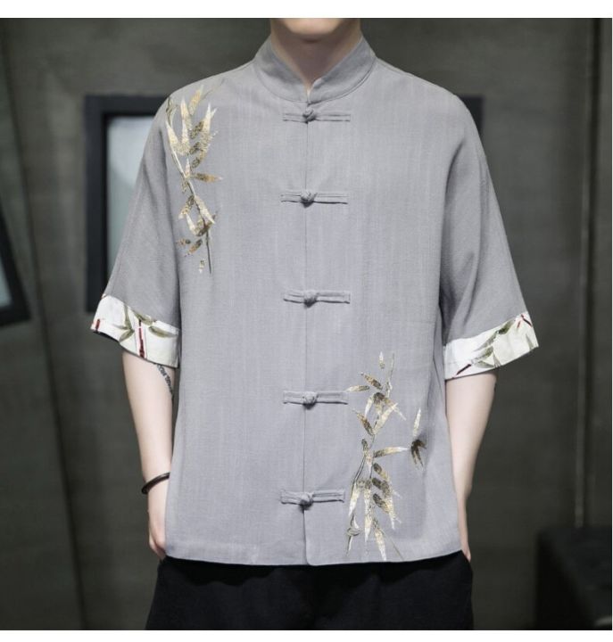 เสื้อปักลายสำหรับผู้ชาย-ใบไผ่ลินิน-tang-เสื้อครึ่งตัวเสื้อจีนสีบล็อกพิมพ์ลาย