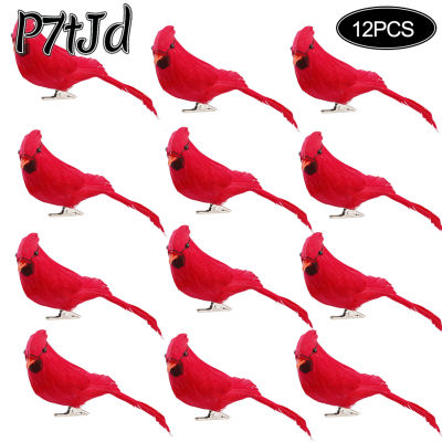 คลิปบนต้นคริสต์มาสประดับ P7tJd 12ชิ้นขนนกสีแดงนกเทียม