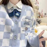 Japanese Oversized Kawaii Cartoon Embroidery Cardigan Women Jk Uniform Checkerboard Sweater Coat Autumn Loose Y2k Knitted 2022