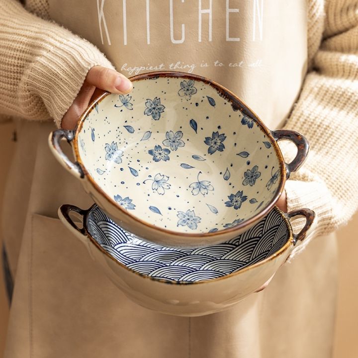 ชามพาสต้าสลัดพร้อมที่จับชามซุปเซรามิคในครัวเรือนญี่ปุ่น7-5นิ้วเครื่องใช้สำหรับโต๊ะอาหารที่ใช้ในครัวไมโครเวฟเตาอบ