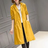 ผู้หญิงยาว Trench Coat ฤดูใบไม้ผลิฤดูใบไม้ร่วงสีทึบ Hooded หลวมตรง Overcoat ขนาดใหญ่หญิง Elegant Vintage Windbreaker