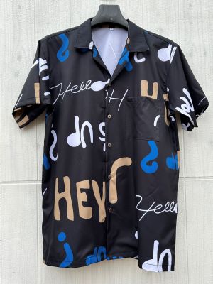 เสื้อเชิ้ตแขนสั้น ลาย Hey พื้นดำ M,L,XL,2XL ใส่ได้ทั้งผู้หญิงและผู้ชาย