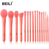 BEILI 15-pcs Makeup Brushes Coral Red High Quality Synthetic Hair Foundation Powder Blush Brow Eyeshadow Make up Brush Set