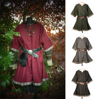 Medieval Costume Viking Pirate Cosplay Costumes Solid Color Lace Up Plus Size Women Men Uni Clothes Half Sleeve Shirets Topup