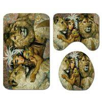 Animals Lion Girl Shower Curtain Sets with Non-Slip Rugs,Toilet Lid Cover and Bath Mat Shower Curtains with 12 Hooks