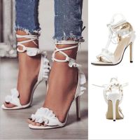 9 cm white bind high-heeled sandals falbala bind Roman sandals high-heeled sandals big yards fine with fish mouth