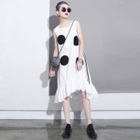 New Summer Woman Black Sleeveless Sun Dress Large Dots Patches Ruffle Hem Straight Sundress Girls Cute Midi Tank Dress Robe 1193