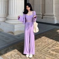 【JH】QWEEK Three Pieces Loungewear Women Trouser Suits Basic&amp;Casual Sleepwear Purple Grey Pajamas Cardigan Negligee Free Shipping