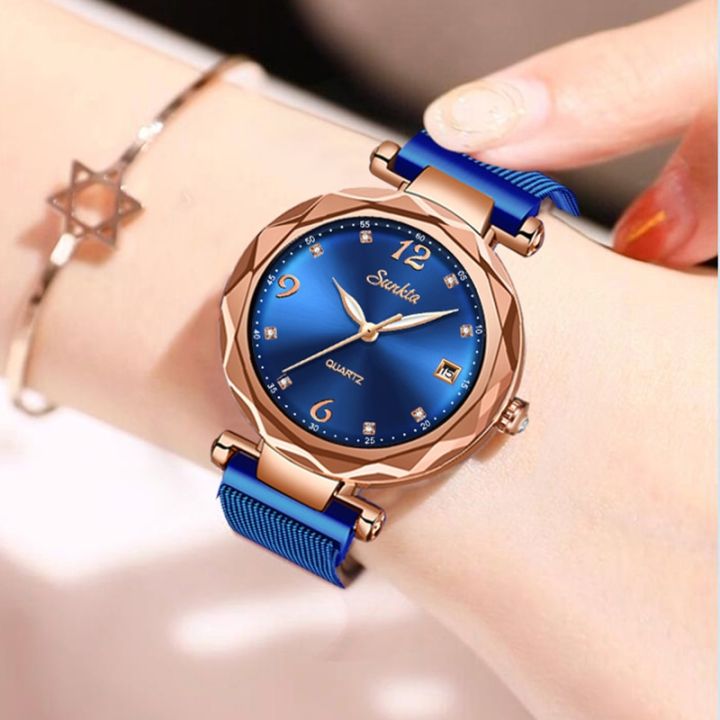 sunkta-นาฬิกาท้องฟ้าประดับดาวสำหรับผู้หญิง-นาฬิกาสายแม่เหล็กหรูหรานาฬิกาข้อมือควอตซ์สายนาฬิกาแบบถักทองคำสีกุหลาบนาฬิกาเพชร