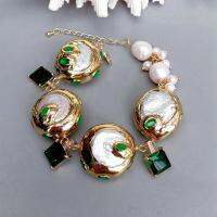 KKGEM 25มม Natural Cultured White Keshi Coin Pearl Rice Pearls สีเขียว Cz Square Charm Wrap สร้อยข้อมือเครื่องประดับแฟชั่น