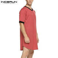 INCERUN Mens Nightgown Fashion Patchwork Sleep Robe Solid Color Sleepwear Short Sleeve Bathrobe Loose V Neck Nightwear Plus Size