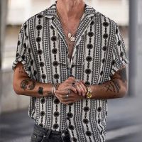 The new Europe and the United States printed shirt amazon independent stand collar cross-border mens casual shirts with short sleeves