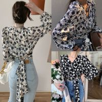 Womens korean floral top V Neck Tops Lace Exposed Navel Long Sleeves Chiffon Shirts Blouses