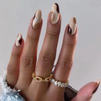 24pcs Almond Fake Nails Brown Wavy French False Nails DIY Manicure Full Cover Detachable Nail Tips Press on Nails fenguhan