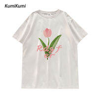 KUMI ฉบับภาษาเกาหลีลายดอกไม้แบบลำลองเป็นเสื้อโอเวอร์ไซส์ผ้าฝ้ายบริสุทธิ์สำหรับผู้หญิง