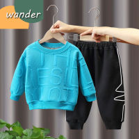 WANDER เสื้อกันหนาวเด็ก เสื้อกันหนาวเด็กโต การออกแบบสีทึบแฟชั่นเกาหลี ชุดเซ็ต2ชิ้นเสื้อแขนยาว+กางเกงผ้าฝ้ายสําหรับเด็ก23818