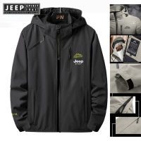 JEEP SPIRIT 1941 ESTD เสื้อแจ็คเก็ตเดินป่ากันน้ำ,เสื้อแจ็กเก็ตกันน้ำน้ำหนักเบาเสื้อกันหนาวลำลองมีฮู้ดสำหรับผู้ชายเสื้อโค้ทพิมพ์ลายตัวอักษรส