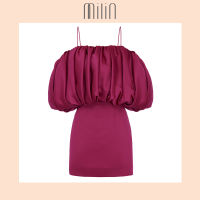 [MILIN] Mine Off the shoulder Body-conscious silhouette Silk crepe Voluminous balloon straps mini dress / เดรสสั้นเปิดไหล่แต่งแขนบอลลูน สีชมพู