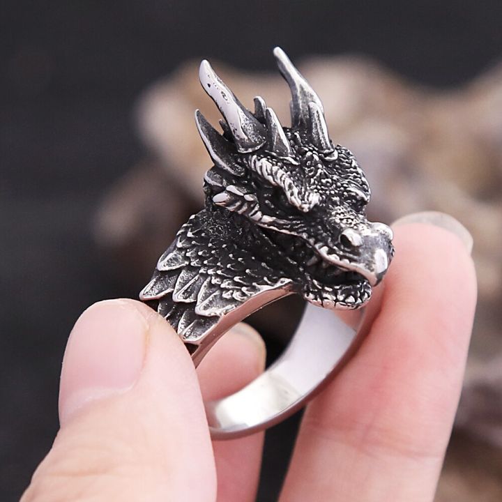 Fashion Vintage Stainless Steel Norse Viking Dragon Head Rings Punk ...