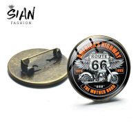 SIAN Classic US Route 66 Brooch Pin Jewelry Art Photo Glass Dome Cabochon Lapel Pins Brooches Resin Badges Gifts For Men Women