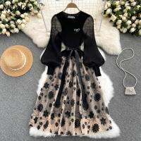 Neploe Temperament Elegant Ladies Clothes Rose Embroidery Puff Sleeve Vintage Dresses Women Mesh Knitted Fake Two-piece Dress