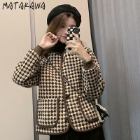 Matakawa Woman Jacket Autumn Korean V Neck Long Sleeve Elegant Coat Women Contrast Color Plaid Loose All-match Warm Jackets