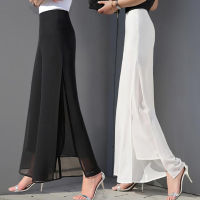 Womens Summer Wide Leg Long Trousers Casual Vintage High Waist Chiffon Side Split Loose Bohemia Skirt Pants Capris Solid