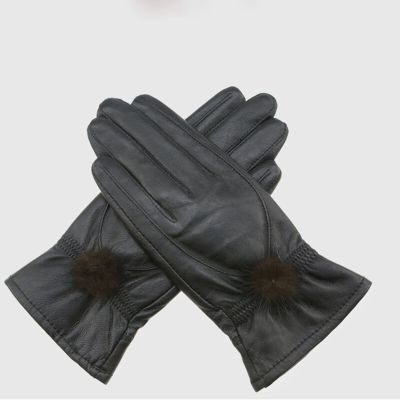 Genuine Leather  Women Warm Fashhion Winter Ladies Hand Warmer S With Natural Mink Fur Ball Luxury  With Finger