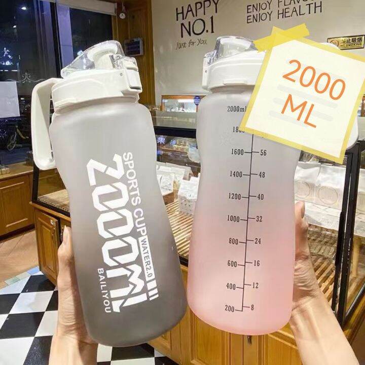 2000ML Sports Water Bottle with Time Marker Straw-BPA Free Decoration ...