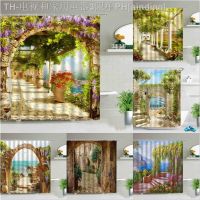 【CW】✵♕  Landscape Shower Curtain Set Polyester Ancient Arch With View The Sea And Pier Scenery