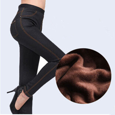 2021 Winter Faux Jeans Pants For Women Black Solid High Waist Pencil Pants Warm Thickening Fleeces Stretch Leggings LG-171