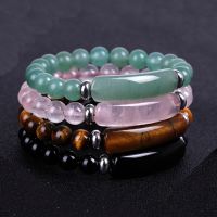 Natural Stone Elastic Bracelet Aura Healing Pink Spar Green Aventurine Tigers eye Crystal Rectangular Long Bracelet for Women Wires  Leads Adapters