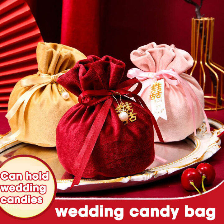 New Velvet Wedding Candy Bag Special Pearl Pendant Drawstring Bag for