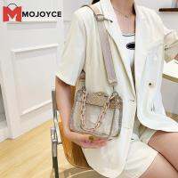 MOJOYCE กระเป๋ายาง PVC Makaron สายโซ่สำหรับผู้หญิงกระเป๋าถือไรน์สโตนกันน้ำกระเป๋าพาดลำตัวสะพายไหล่เส้นเดียวกระเป๋าดีไซน์โปร่งใส