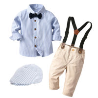 Toddler Children Clothes Casual Boys Set with Hat Striped Shirt + Tie + Pants + Belt 5 Pcs Baby Kids Long-Sleeves Dress