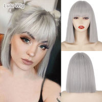 Short Silver Gray Bob Wigs with Bangs Short Straight Bob Silver Grey Wigs for Women Natural Looking Cosplay Daily Party Wig