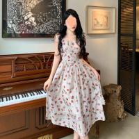 French retro floral hanging neck dress female roses printed ramie condole belt skirt temperament fairy skirts in summer