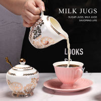 European afternoon tea ceramic milk pot with golden bud ribbon handle and milk flower milk cup milk can sugar can with spoon