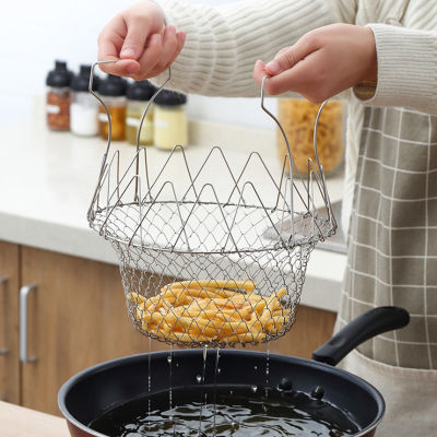 สเตนเลสสตีลกระชอนสำหรับทอดพับได้กระชอนล้างสายน้ำที่คว่ำจานอุปกรณ์ทำอาหารอเนกประสงค์ในครัว