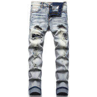 กางเกงยีนส์สีน้ำเงินย้อนยุคสำหรับผู้ชาย Ripped Trendy Stretch Slim Pants High Quality Versatile Male Trousers Fashion Printed Cat Beard