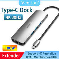 Vention USB หลายพอร์ตชนิด C ถึง USB 3.0 4K HDMI VGA การ์ดความจำ PD RJ45 3.5มม. สัญญาณเสียงอุปกรณ์เพิ่มช่องยูเอสบีเต็มที่ Thunderbolt 3 USB C ตัวแปลงแบบหลายพอร์ตสำหรับ iPad Pro 2020 Samsung Galaxy P20 30 Mate 20 30 USB C Splitter