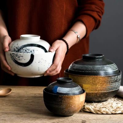4.56.5 Inch Japanese Style Ceramic Dessert Stew Pot Creative Noodle Soup Ramen Bowl Household Rice Bowl With Lid Dinnerware Set