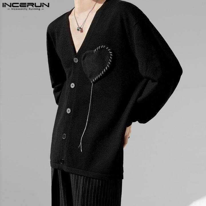 incerun-เสื้อสเวตเตอร์ถักลายหัวใจคอวีแขนยาวสำหรับผู้ชายชุดกิโมโน-สไตล์เกาหลี