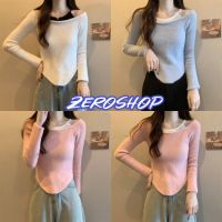 Zero shop ?พร้อมส่ง? (Zero-U041)  เสื้อไหมพรมเปิดไหล่ ดีเทลขนมุ้งมิ้งน่ารักใส่สบายคิ้วๆ