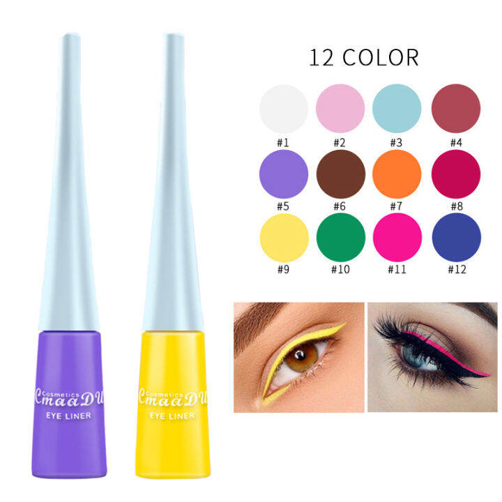 ดินสออายไลเนอร์แบบน้ำนีออน12สีกันน้ำสีสันฟ้าสีเขียวเหลืองที่เขียนขอบตาขาวปากกาเครื่องสำอาง