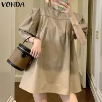 VONDA Women Half Sleeve Holiday Plain T-shirt Dress Fashion Pleated Party Mini Dresses (Korean Causal)